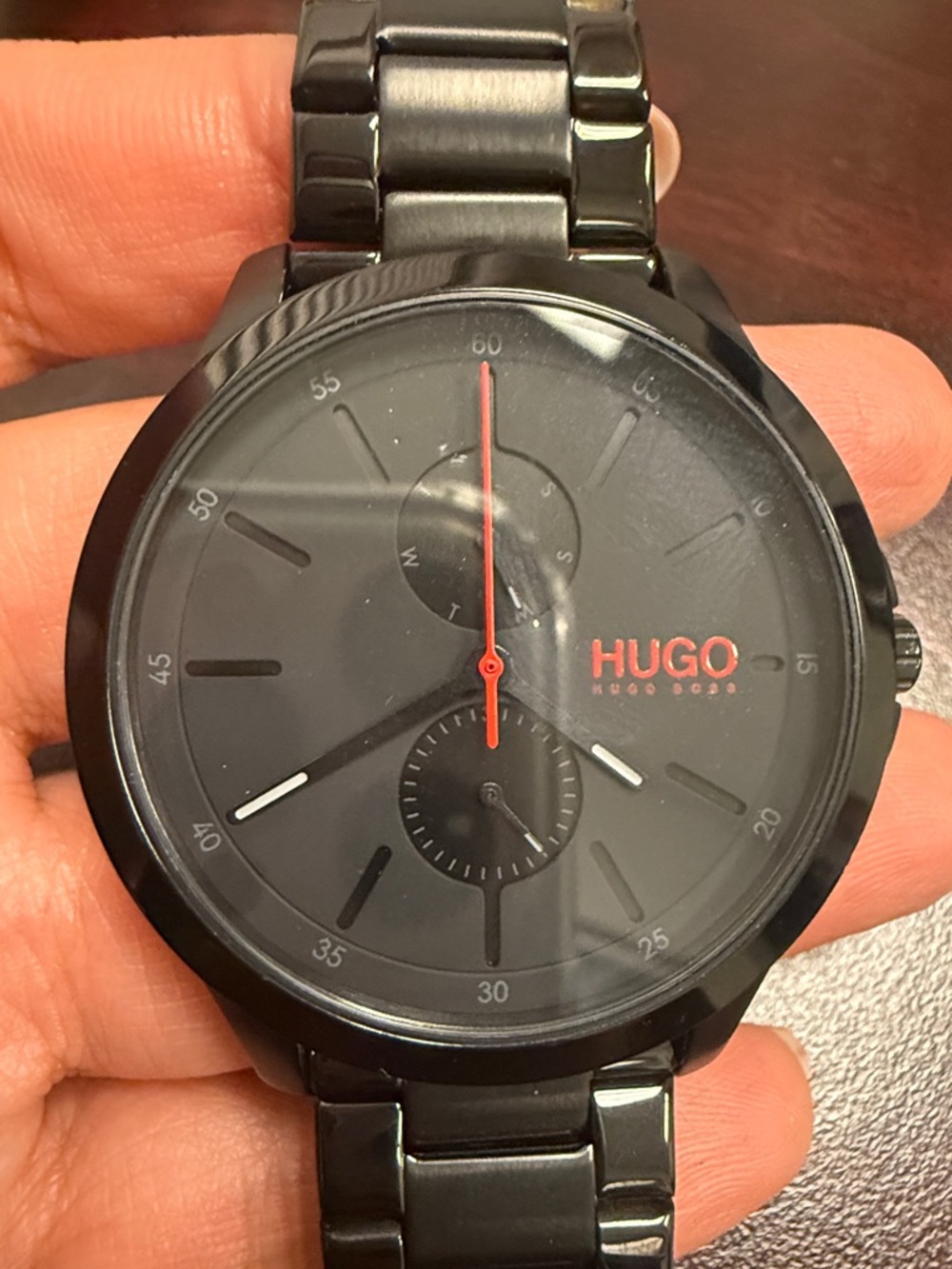 HUGO Black Stainless Steel Watch with Red Accents